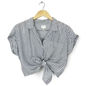 id: 23 Button Up Utility Style Striped T Shirt Striped Sheer Cap Sleeves Size S
